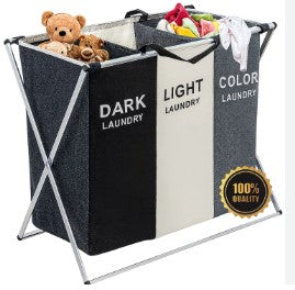 Cesto organizador de ropa triple en tela color gris para habitación y closet